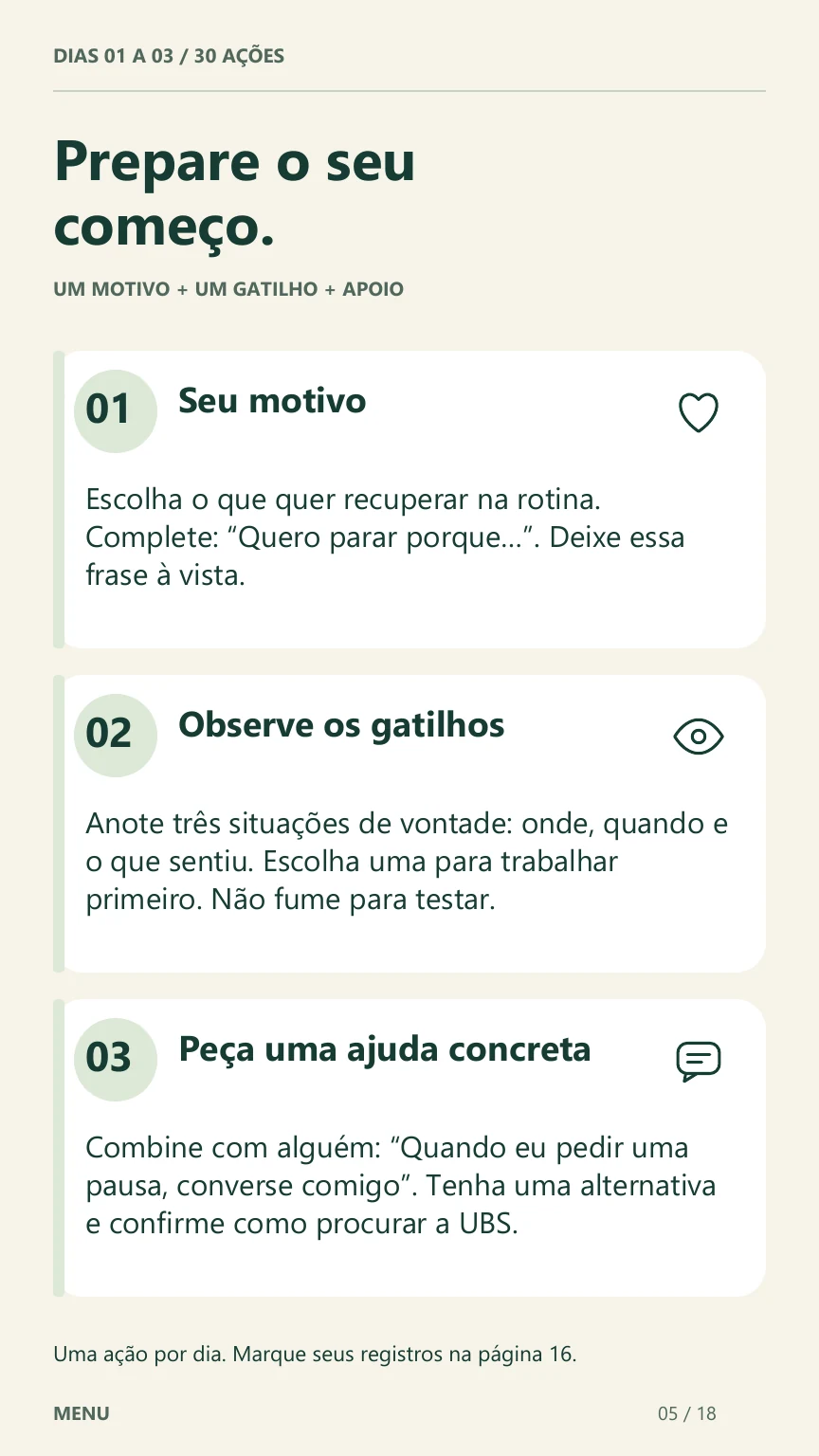 Página 05 do guia: as três primeiras ações, motivo, gatilhos e apoio